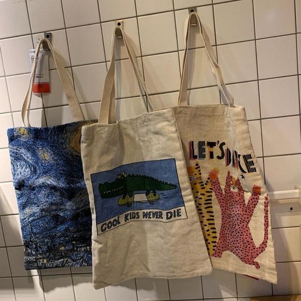 

fashion reusable canvas bag jacquard printing shopping large folding tote girls bags