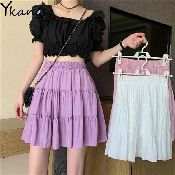 

skirts summer sweet mini women fashion wild high waist pleated short korean style purple white jupe femme, Black