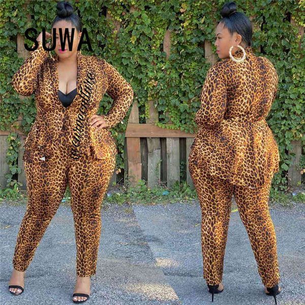 Venda por atacado Plus Size Roupas de 2 peças para as mulheres Leopard Manga Longa Blazers Top + Calças de Cintura Alta Calças Corrocionantes Conjuntos de Correspondência 210525