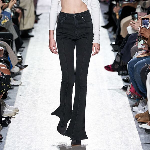 

jeans fashionable design retro smooth waist slimming body pure color micro bell-bottomed pants, Blue