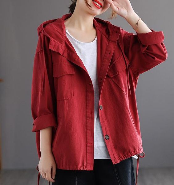 

women's jackets spring tooling coats women casual solid color loose hooded single breasted lace up female wild, Black;brown