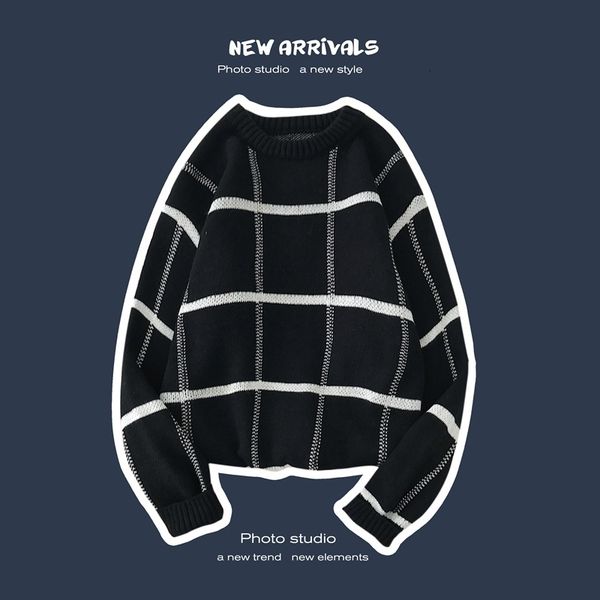 

men's sweaters male chess sweater, retro knitted sweater with long sleeves, casual round collar and loose for autumn winter yoja, White;black