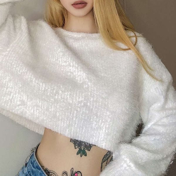 

autumn casual dresses wind / winter women's clothing solid color loose round neck open navel plush sweater for women, Black;gray