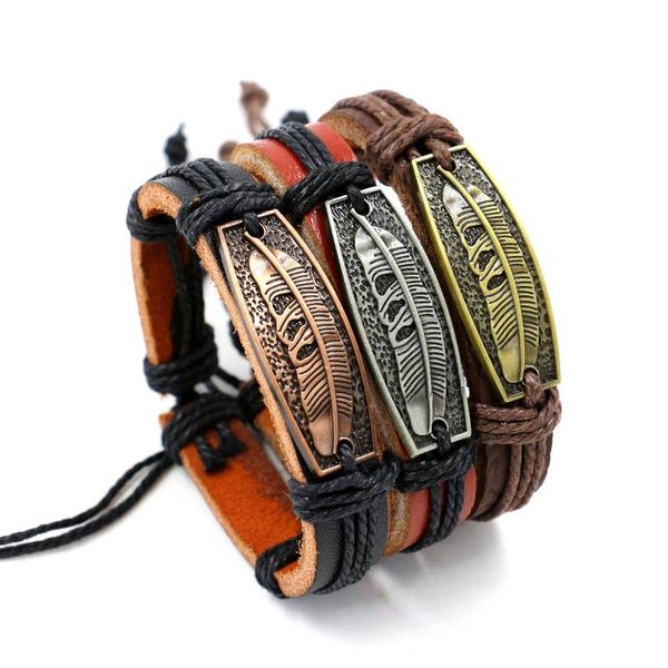 

tennis 12pcs/lot wholesale bracelets vintage alloy feather handmade weaving leather couple, Golden;silver