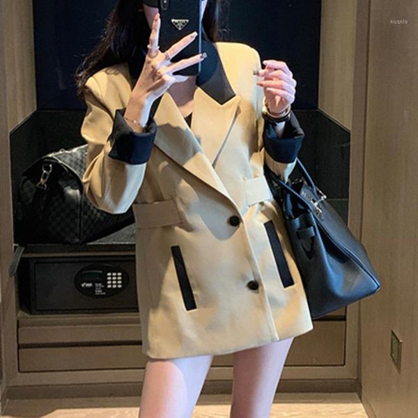 

[ewq] 2021 autumn ladies stitching blazer belt single-breasted long-sleeved suit british style coat women qb809 women's suits & blazers, White;black
