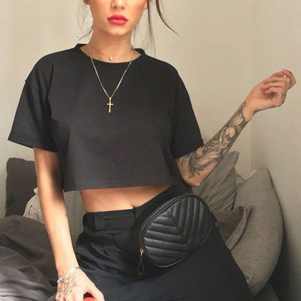 

women's t-shirt women summer short sleeve navel round neck pullover tee crop solid color basic casual loose sport streetwear, White