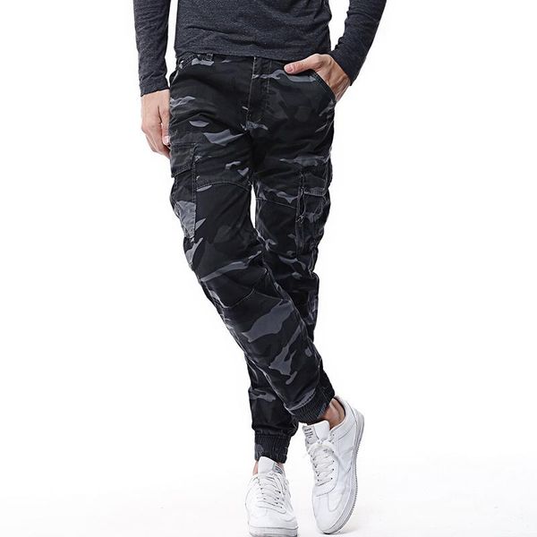 

camouflage mens cargo pants multi-pocket solid color military tactical 2021 leisure cotton straight male trousers men's, Black