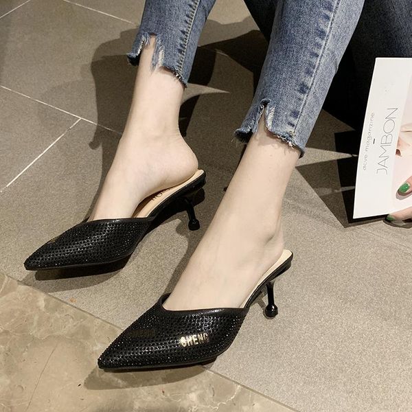 

slippers shiny crystal high heel mules shoes women pointed toe summer metal closed stiletto sandals, Black