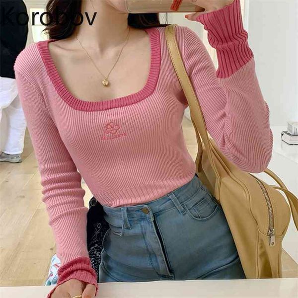 

korobov korean long sleeve o neck women sweaters vintage flower embroidery sueter mujer harajuku hit color chic jumper femme 210918, White;black