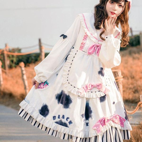 

casual dresses 2021 spring cow print dress lolita ruffled bowknot [send apron hairpin] doll collar long-sleeved jap, Black;gray