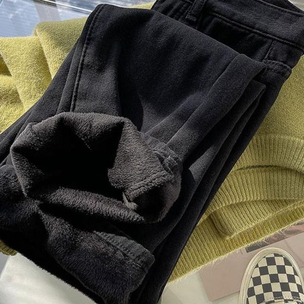 

women's jeans winter warm fleece women basic retro black straight high waist denim pants spring 2022, Blue