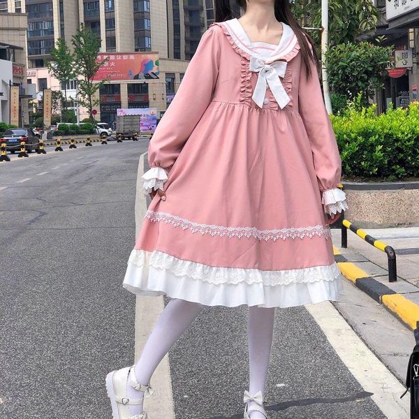 

casual dresses one-piece 2021 spring autumn lolita style women dress sailor collar loose petal sleeve french sweet bowknot, Black;gray