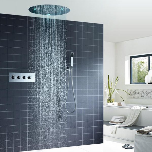 

rain shower systems led head 7 colors thermostatic valve bath mixer tap embedded ceiling round set stainless steel bathroom sets