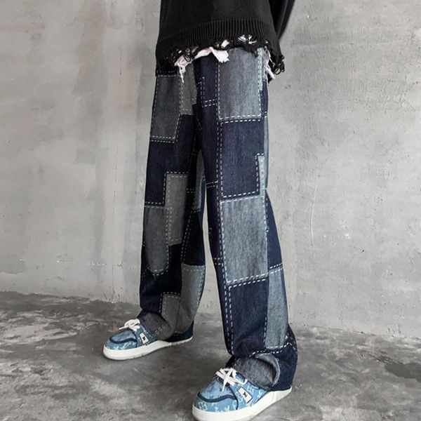 

men's jeans men streetwear casual pants hip hop stitching color mixing baggy straight japanese male harajuku youth trousers, Blue