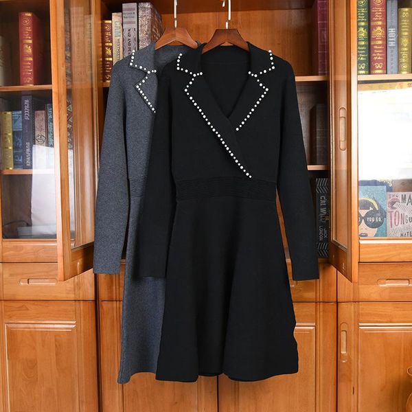 

casual dresses chic women's party dress spring autumn pearls beading france style vintage long sleeves knitted c612, Black;gray