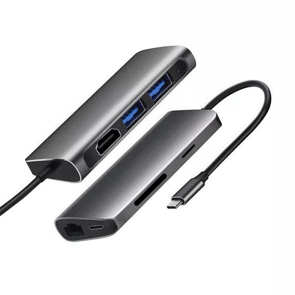 Çok fonksiyonlu 7 1 USB-C HUB 2XUSB3.0 HDTV SD TF Kart Okuyucu RJ45 Gigabit Ethernet PD MacBook Tablet için Şarj