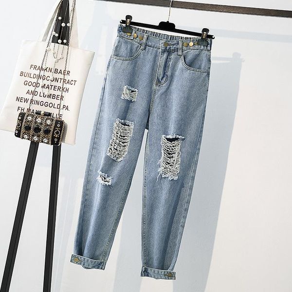

women's jeans s-5xl summer plus size ripped hole women casual elastic high wiast harem jean trousers 4xl big large nine denim pants, Blue
