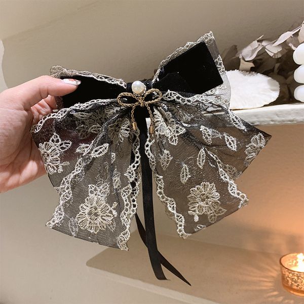 

pearl lace bow hairpin spring clip fashion east gate mori temperament hair accessories fashion fabric headdress, Golden;silver