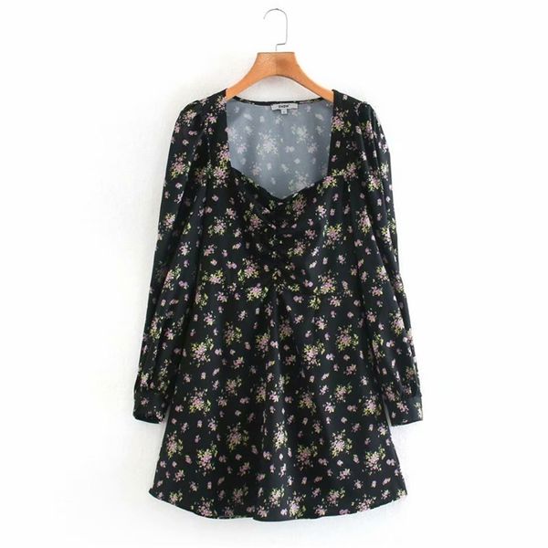 

summer vintage women mini dress long sleeve floral print slim a-line es female elegant casual clothing vestidos 210513, Black;gray
