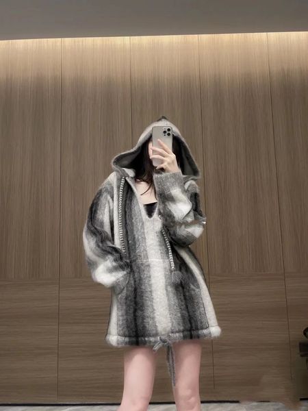 

net red same early autumn new korean temperament lazy style mohair gray black gradient loose hooded sweater women, White;black