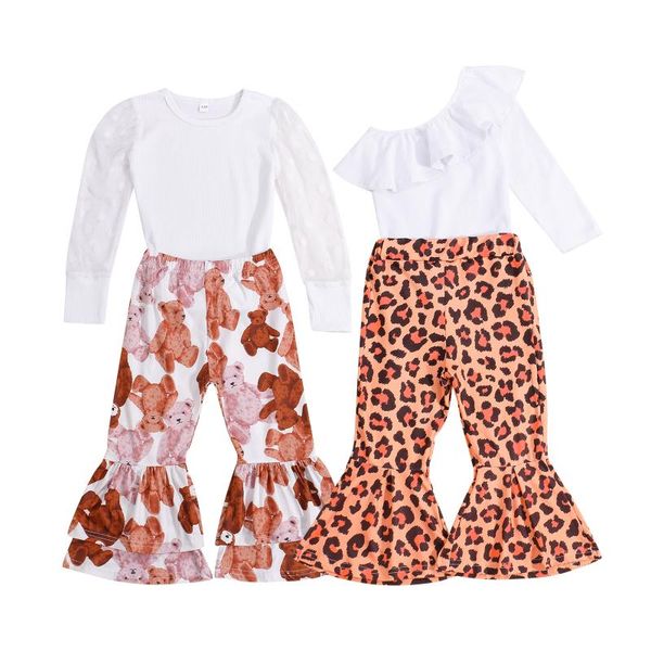 

clothing sets 2pcs kids outfits clothes one-shoulder leopard flares bear print for girls children's, White