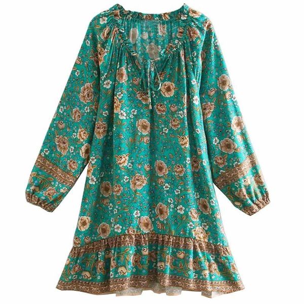 

inspired turquoise frilled collar long sleeve dress for women v-neck tied mini dress rayon bohemian summer dress new 210412, Black;gray