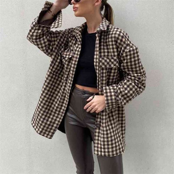 

women spring plaid shirts jackets coats long sleeve vintage pockets female fashion street za loose jacket outerwear 210513, Black;brown