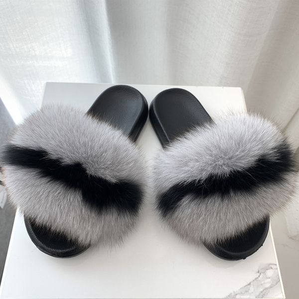 

designer slipper fluffy real fox fur slippers women home fluffy sliders comfort furry summer flats sweet ladies shoes female fur, Black