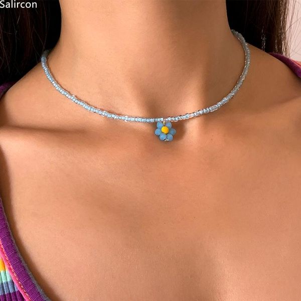 

chokers fashion boho colorful plastic beaded short clavicle chain choker necklace for women girls cute crystal flowers pendant jewelry, Golden;silver