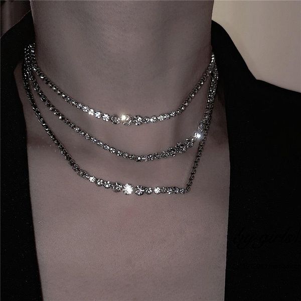 

chains delicate jewelry multi layer choker necklace 2021 design shiny crystal for girl fine accessories, Silver