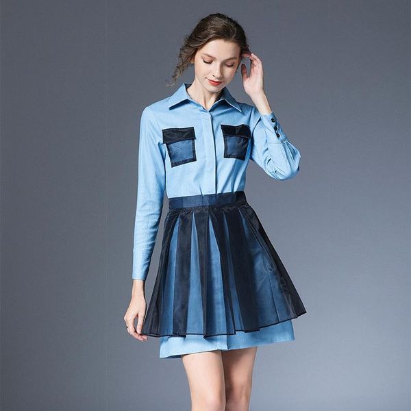 

two piece dress set women long sleeve shirt mini skirt sets 2021 runway fashion elegant denim gauze skirts outfits, White