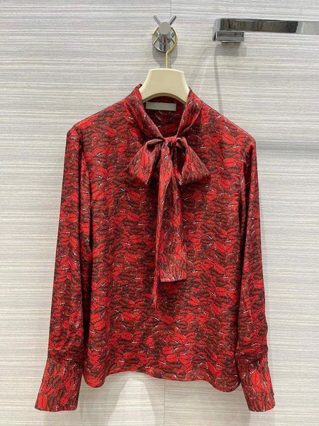 

women's blouses & shirts 100% silk red shirt women sweet bow printed blouse elegant office ladies formal clothes, White