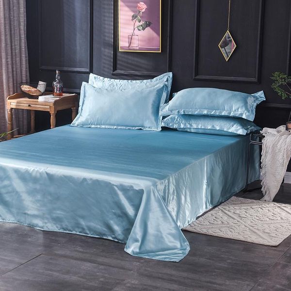 

sheets & sets 1pc flat sheet solid color ice silk satin fabric bedding queen king size luxury bed bedclothes