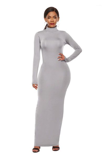 

casual dresses plus size women turtleneck long sleeve stretchy maxi dress 2021 spring summer solid slim bodycon vestidos 5xl, Black;gray