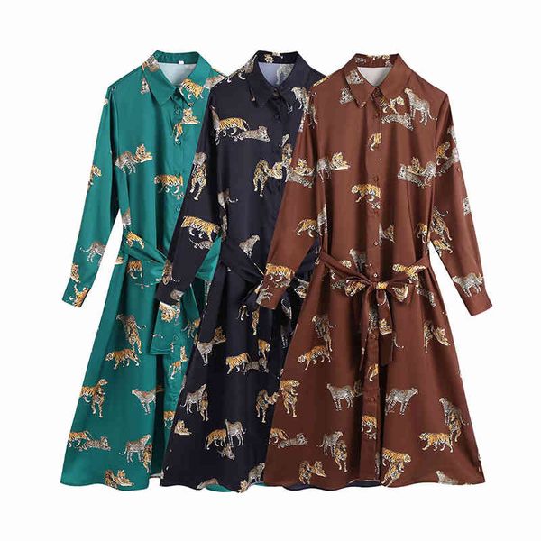 

casual dresses vintage tiger print dress midi long sleeves woman long slim waist belt chic party ethnic style muje vk3b, Black;gray