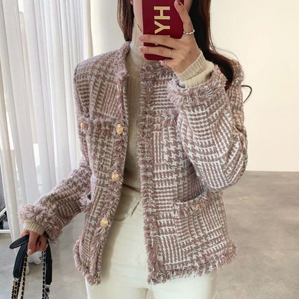 

women's jackets korean round neck burr tassel weave tweed coat single-breasted long-sleeve slim female outwear chaqueta mujer autumn sh, Black;brown