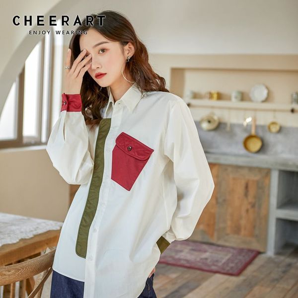 

designer cotton long sleeve shirt color block blouse women and blouses white clothes 210427