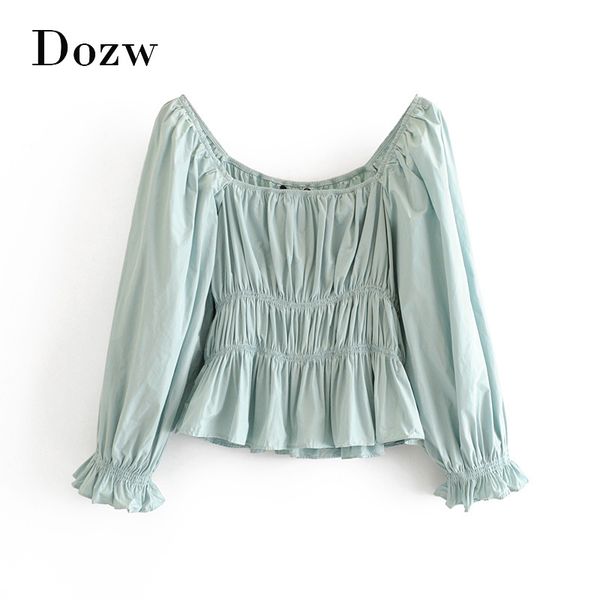 

women pleated blouse casual petal long sleeve fashion solid retro stretch square collar vintage shirt blusas femininas 210414, White