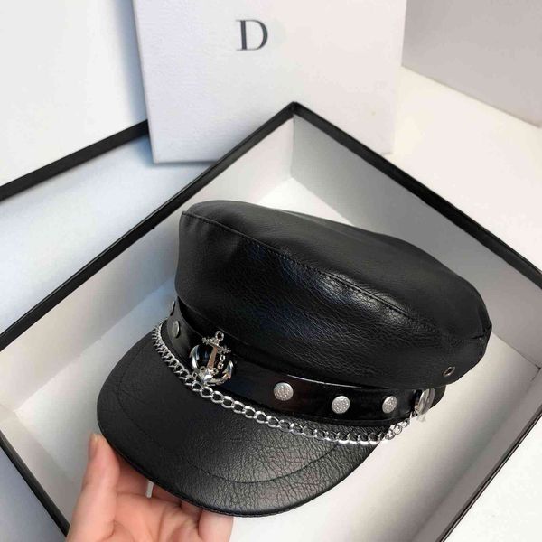 

signature and designer pu fur boat anchor navy cap fashion personality men's and women's chain cap neutral british flat cap, Black;white