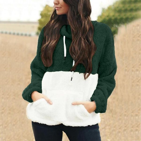 

women's hoodies & sweatshirts harajuku loose plush solid patchwork women winter long sleeve drawstring hooded warm sweatshirt with poc, Black