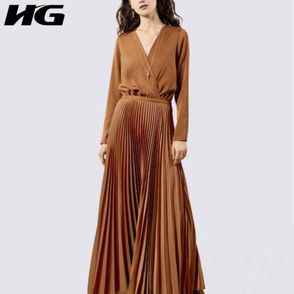 

casual dresses hg draped patchwork pleated dress women tide fashion style v neck collar long sleeve slim elegant solid color zy3706, Black;gray