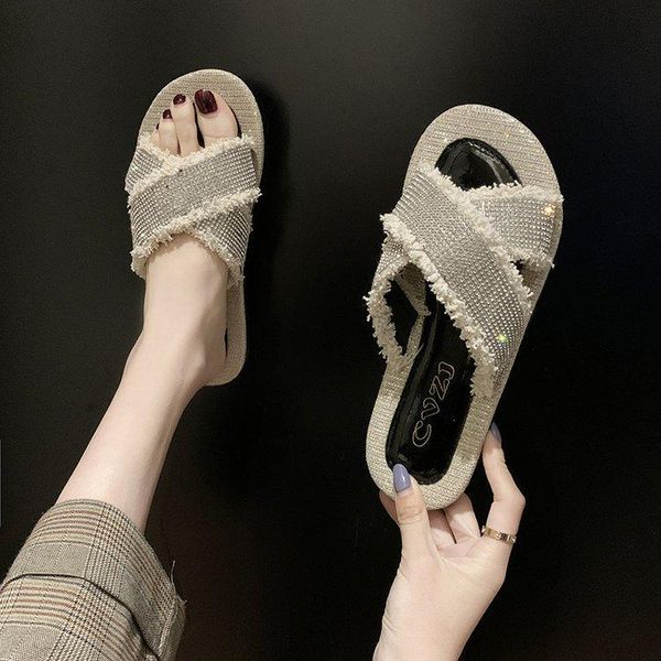 

slippers summer 2021 women crystal flats female fashion cross-toe slides ladies casual outside beach holiday, Black