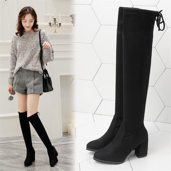 

boots over the knee stretch 2021 winter pointed plus velvet padded high heel women's, Black