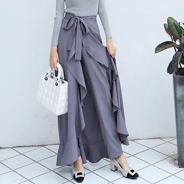 

women's pants & capris women palazzo 2021 causal ruffle drawstring trouser elegant high waist irregular loose pure color autumn female, Black;white