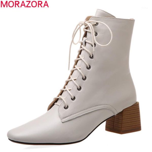 

boots morazora 2021 fashion ankle genuine leather solid color women med heels square toe lace up ladies shoes1, Black