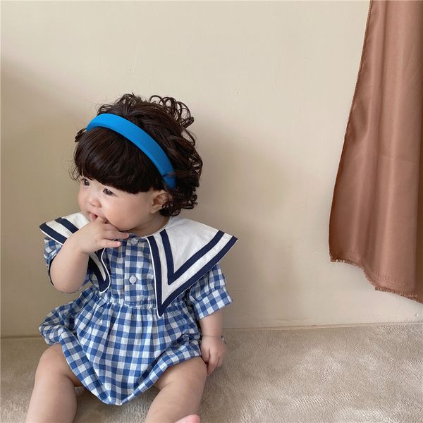 

summer baby girls bodysuit with large collar and short sleeves cloths plaid girl outfit 210515, Blue
