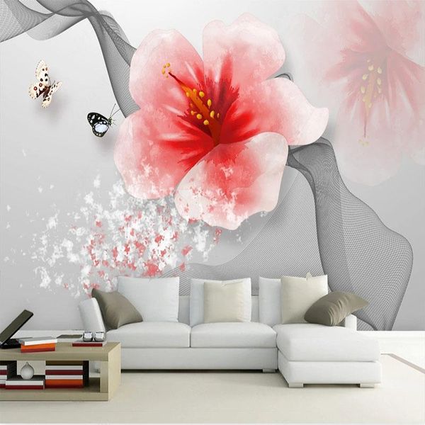 Behang Op maat gemaakt 3D Zelfklevend behang Postmodern Elegant Dromerig Aquarel Bloemen Sofa TV Achtergrond Muur Papel De Parede Flores