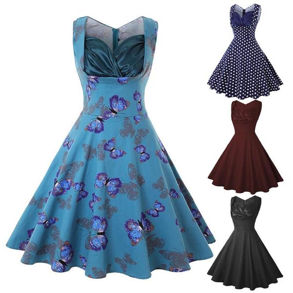 

vintage dresses women sleeveless butterfly polka dot print waist tight large hem dress party club women's clothing 6 colors casual, Black;gray