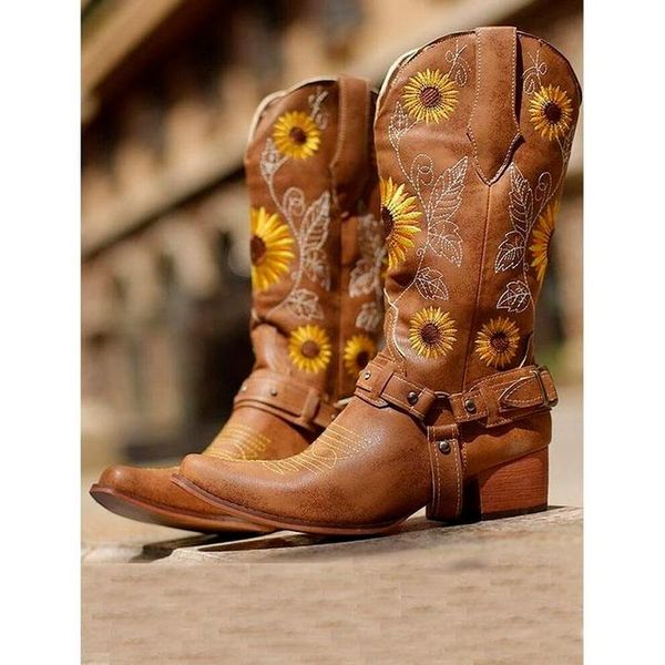 

boots women retro sunflowers embroidered pointed toe cowboy, Black