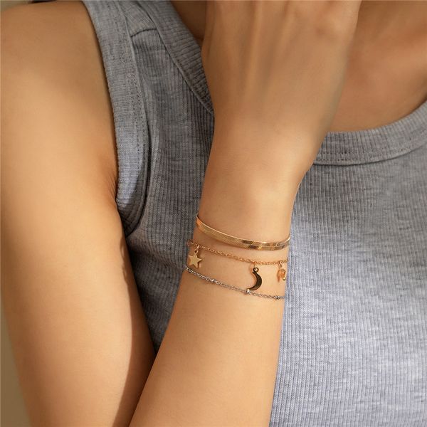

mixed color star moon tassel charm bracelets imitation pearl crystal snake chains european women copper handmade party bracelet jewelry sets, Golden;silver